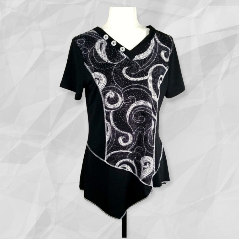 Fiori Women's Top Size S Graphic Pattern Asymmetric Hem V-Neck